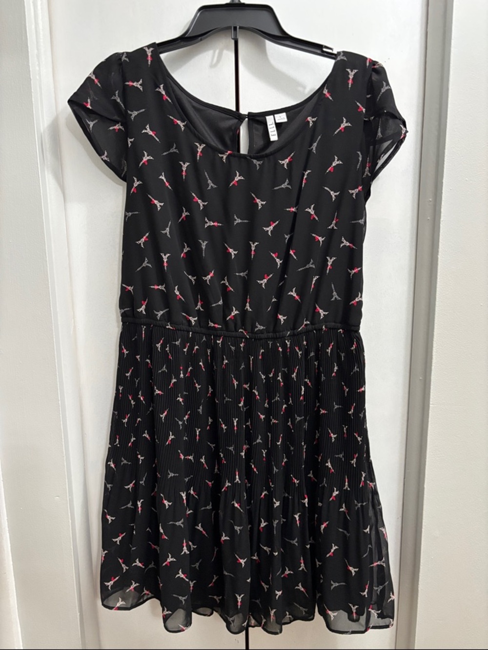Elle Black Midi Dress with Pink and White Eiffel Tower Motif